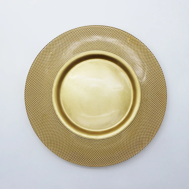 customized 13inche wedding gold rim glass charger plate