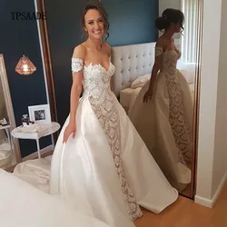 Simple Lace Fabric Sweetheart Neck Bridal Gowns Detachable Appliques Satin Train Wedding Dress Vestido de novia Latest 2020