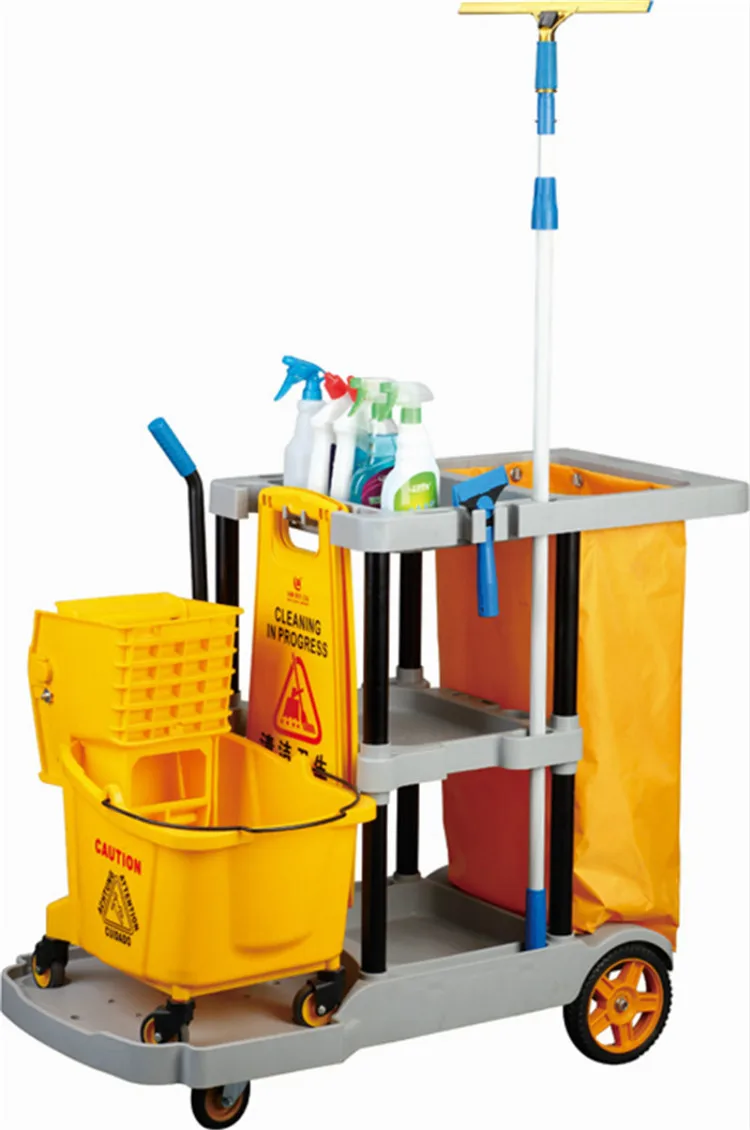 Janico 1050BL Janitor Cart Commercial Housekeeping Utility Cart with 3 Shelfs Blue 25 Gallon Zippered Yellow Vinyl Bag Pack of 1 