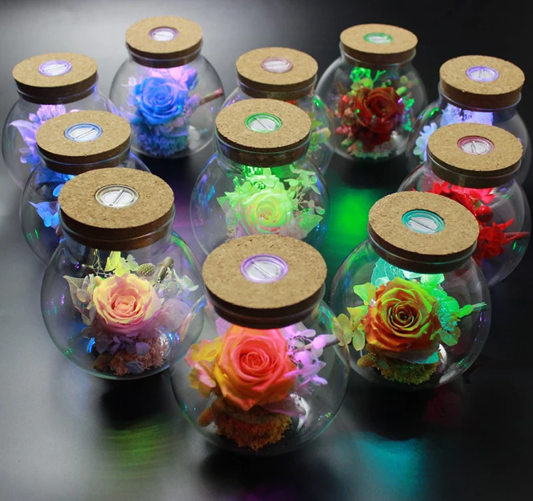 Yunnan Menghuang Supply Preserved Rose Flower in Glass Bottle with LED light for New Year Best Wishes