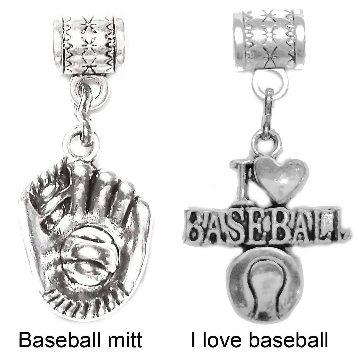 "Baseball Mitt charm" or "I Love Baseball charm" silver charm by Mossy Cabin for modern large hole snake chain charm bracelets, or add to a neck chain, pendant necklace or key chain. Your choice