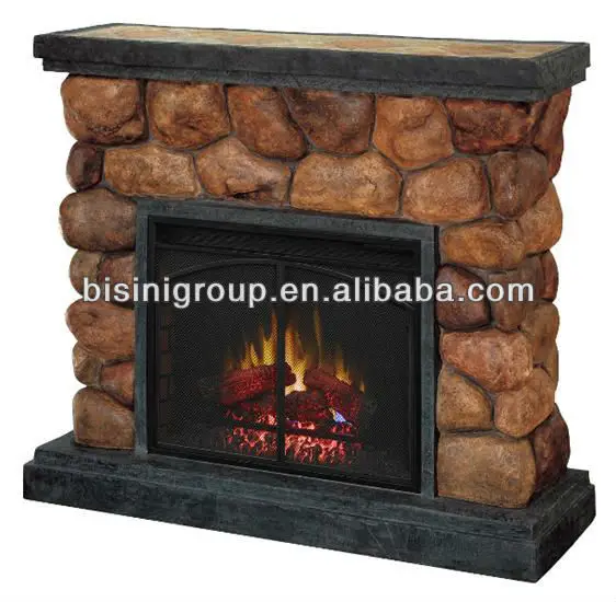 Bisini Classical Rustic Decorative Wooden Electric Fireplace Stone