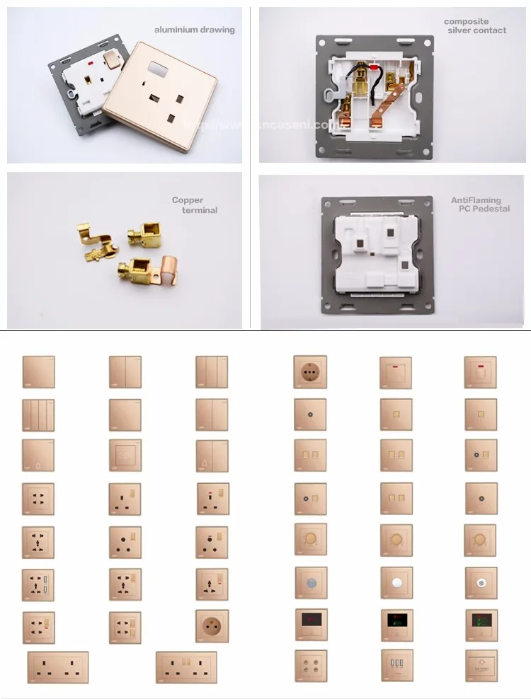 90*86 mm Golden color 1 Gang 1 Way Large Full Panel PC material electrical wall Switch