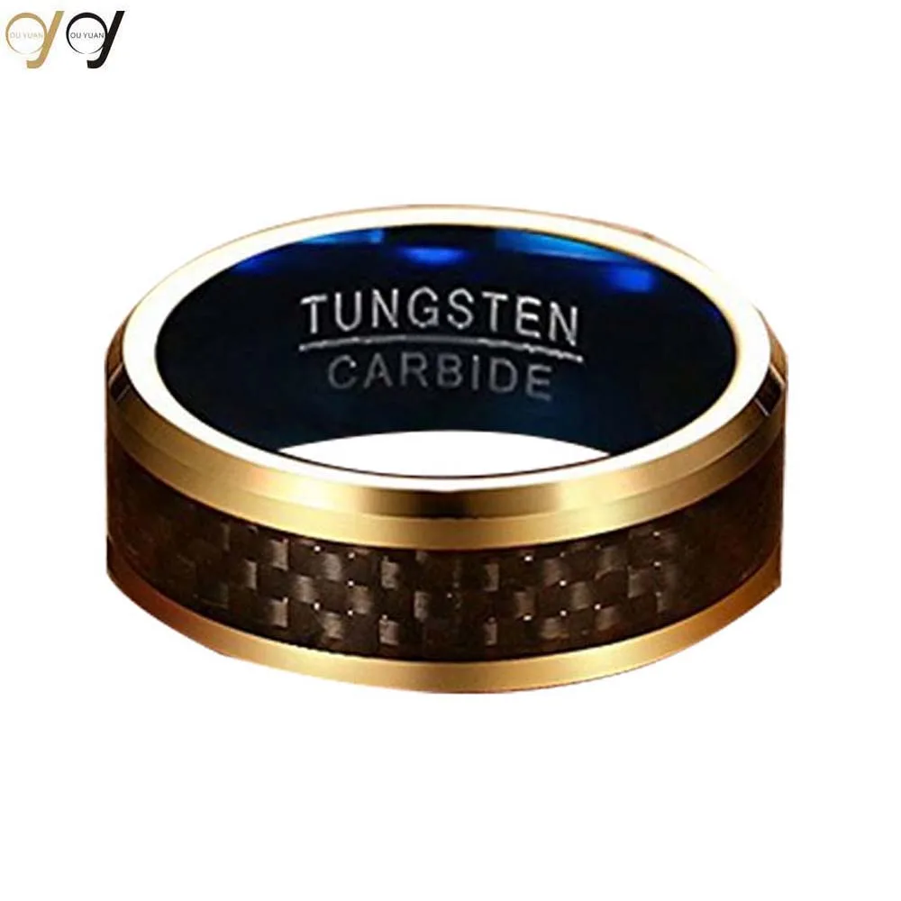 Mens 8mm Tungsten Carbide Black Carbon Fibre Inlay 18k Gold Blue Vintage Wedding Band