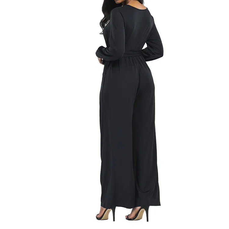 Sample Accepted Deep V Front Wrap Woman Ladies Wide Leg Jumpsuit With Waistband