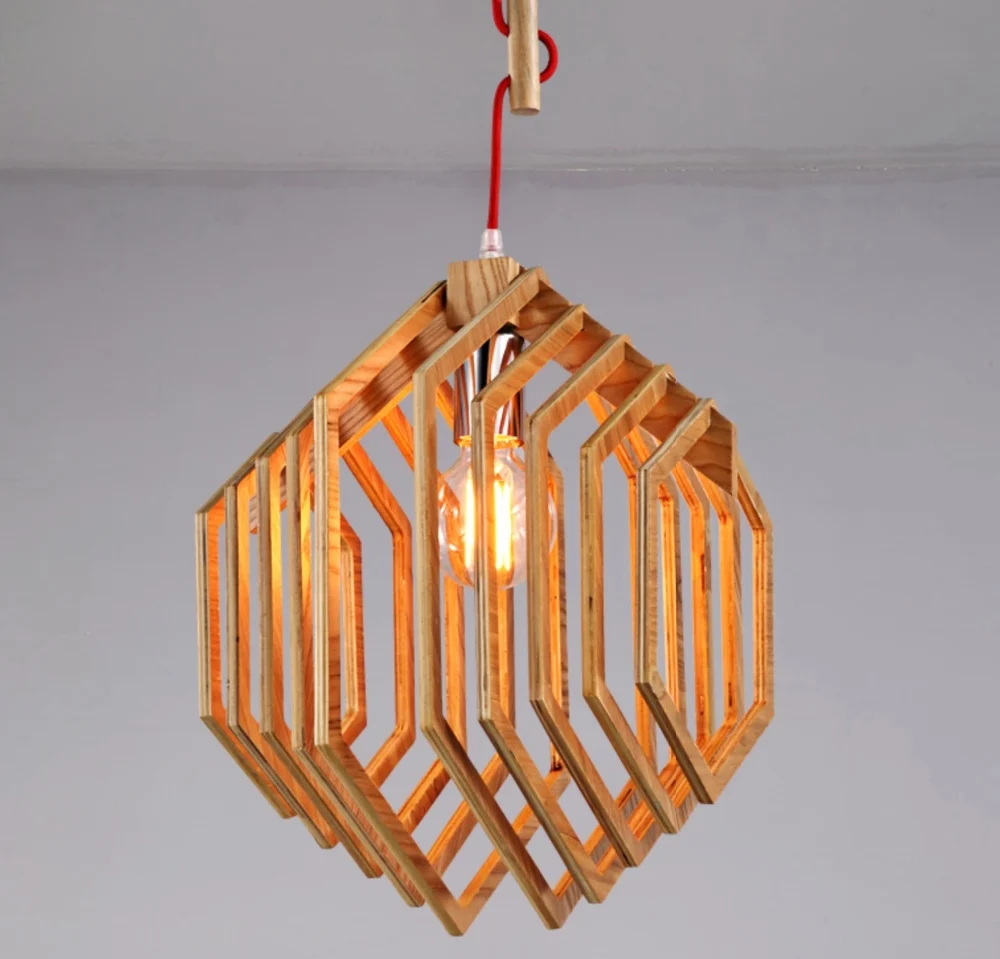 Nordic creatieve korte houten hanger lampen zeshoekige vorm ...