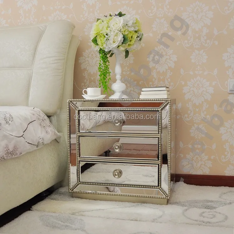 Vanity Modern Silver Mirrored Nightstand With 3 Drawers And 3 Knobs