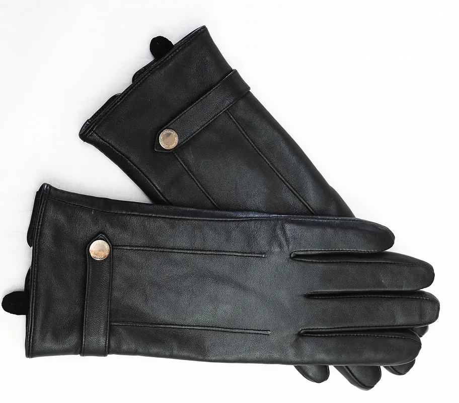 Lamb fur trim lined lady winter warm leather gloves for women