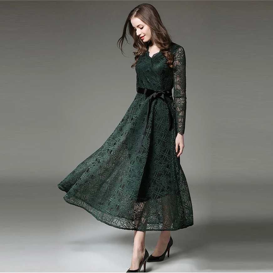 Elegant modern lady 2018 autumn winter women long sleeve lace dress