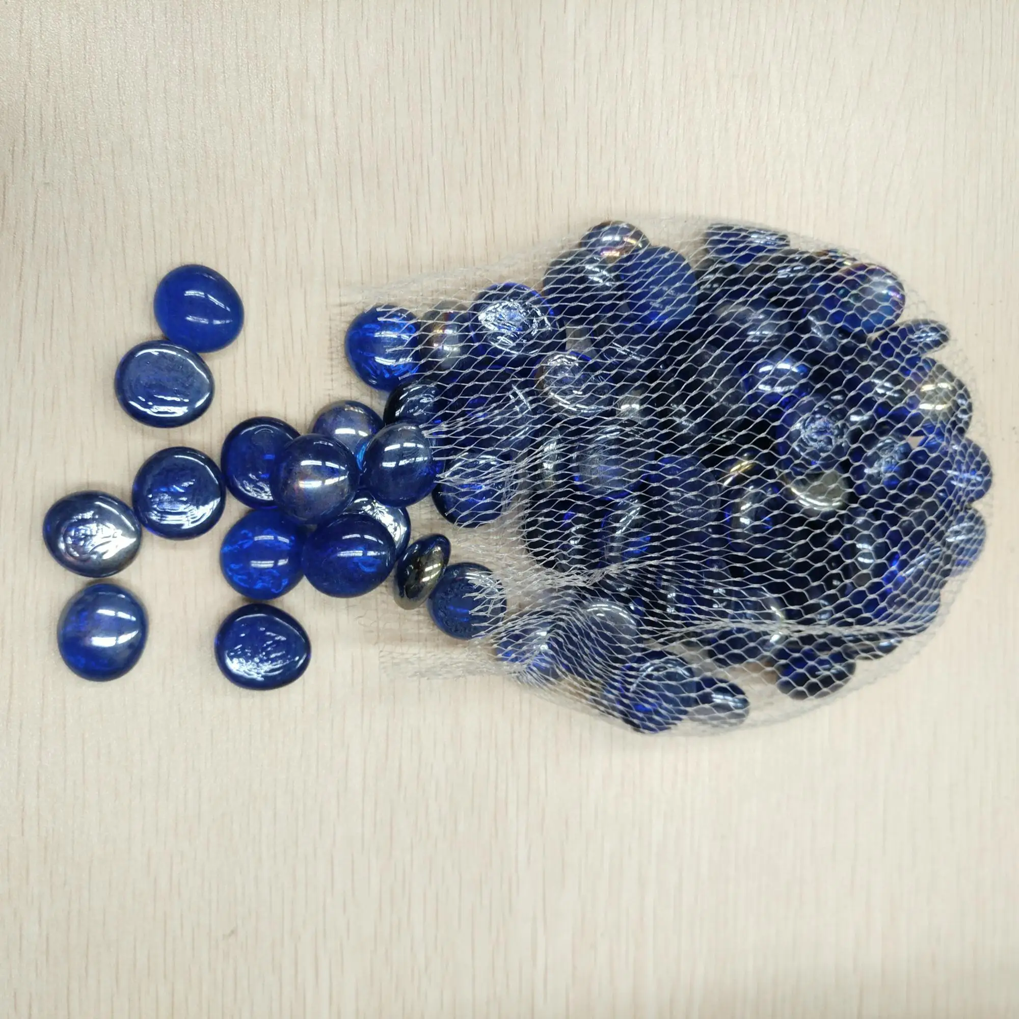 Blue Color Round Shape Glass Pebbles Oblate Style Stone For Home