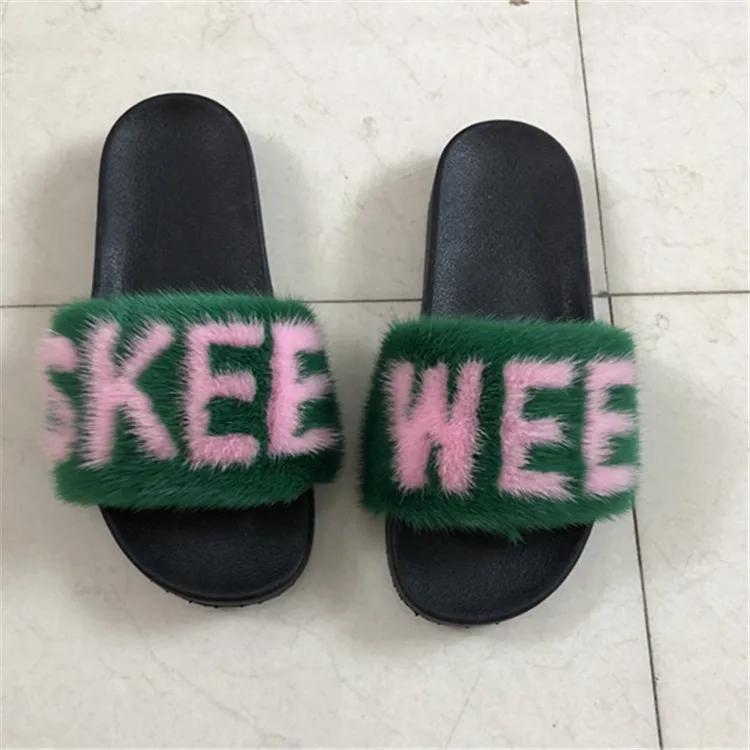 
Wholesale Luxury natural mink fur slides logo custom real fur slippers 