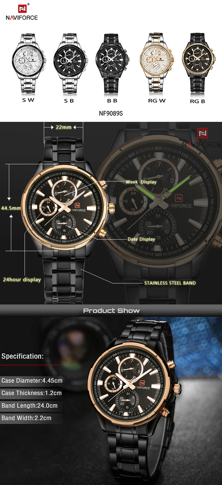 Naviforce 9089 Watch Men Brand Luxury Black Quartz Watch Stainless ...