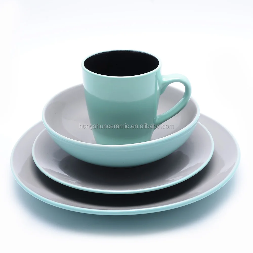 16pcs ECO solid color enamel glaze ceramic dinnerware dishes sets two tone