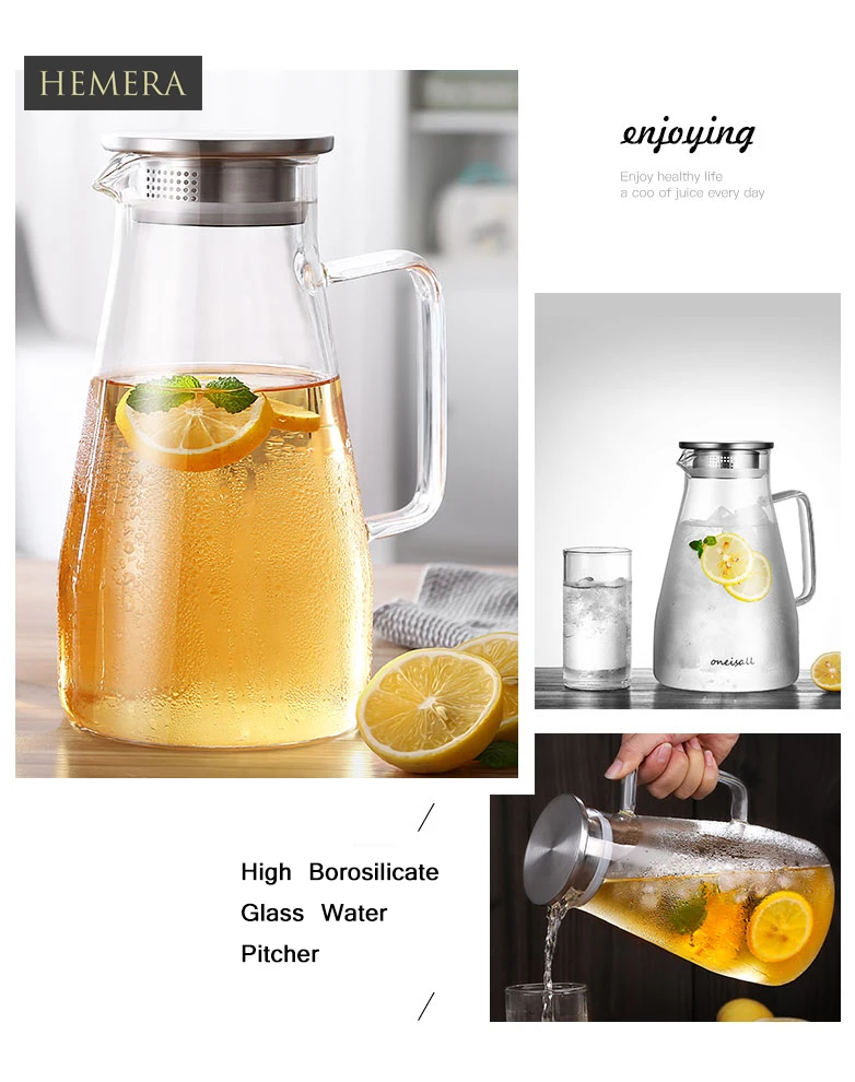 Handmade Borosilicate Glass Pitcher With Stainless Steel Flow Lid Water