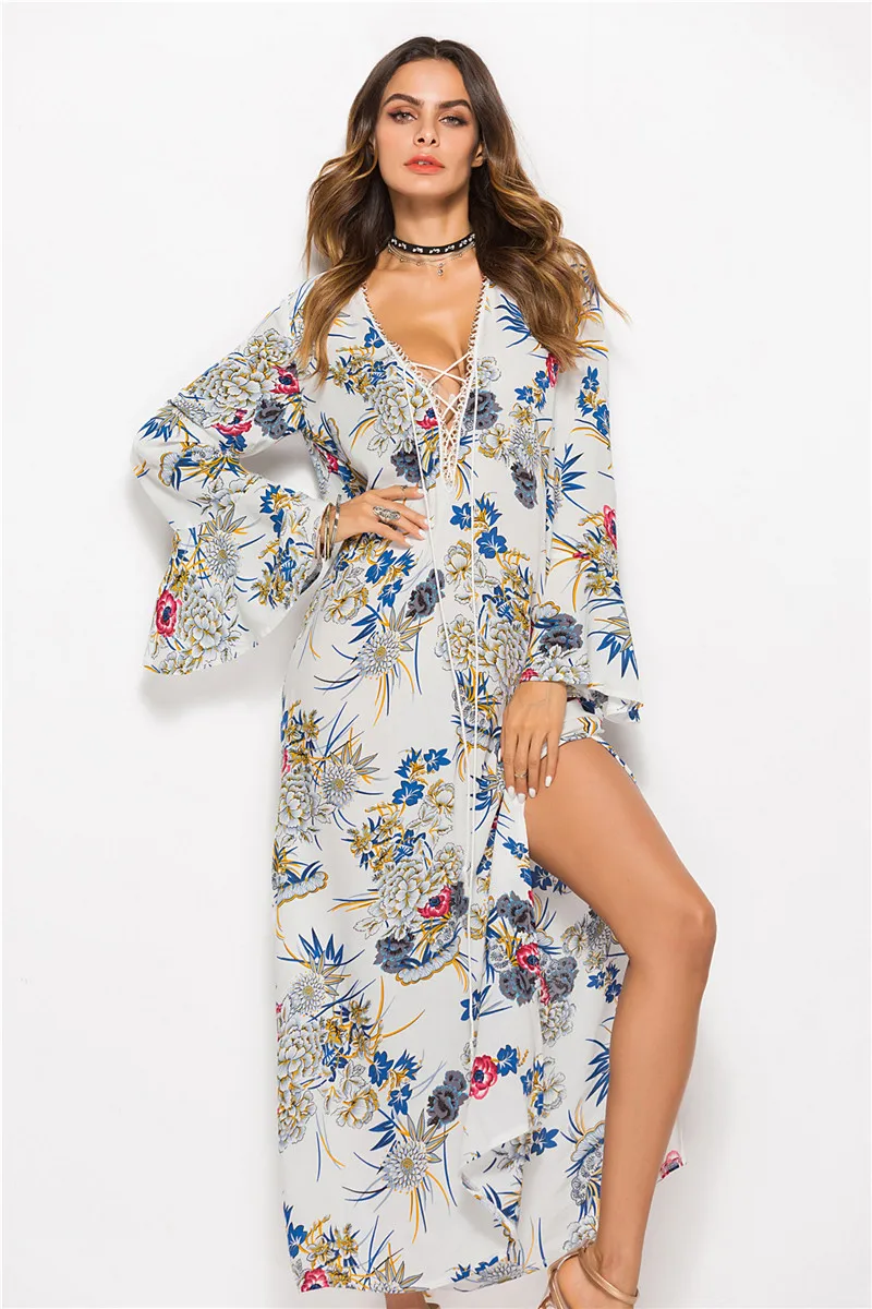 2019 Bohemian Floral Printed Women Summer Beach Dress Sexy Lace Up V 