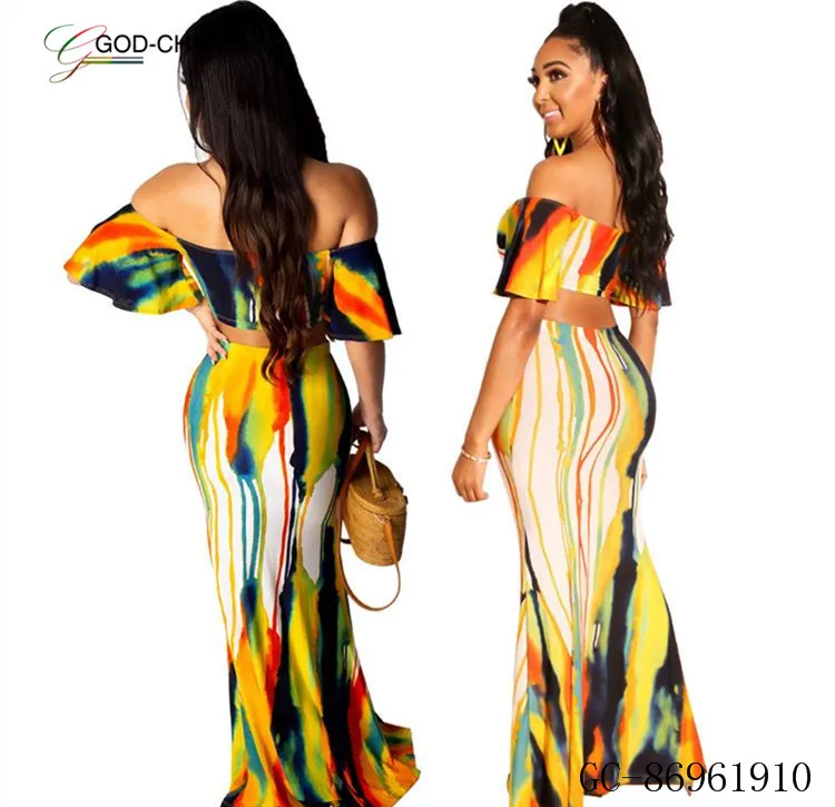 Gc 86961910 Wholesale Fashion Sexy Tie Dyed Colorful Printed Backless Two Piece Maxi Skirt Sets 