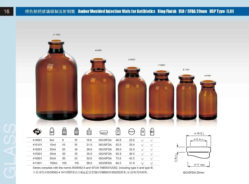 Usp Rse Vials USP Type I 50ml Amber Injection Glass Vial with 20mm Finish