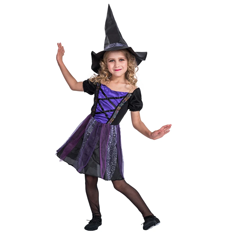 Children Girls Fancy Dress Black Witch Cosplay Halloween Costume Kids ...