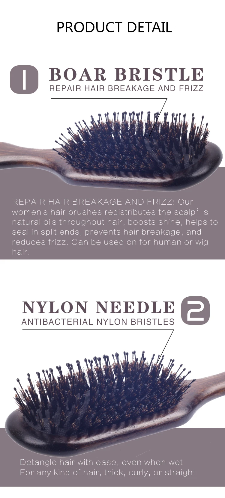 EUREKA 9266PA-BR Engraved Wooden Bristle Nylon Pins Hair Brush Rubber Wood Hair Brush Massage Classical Style Hair Brush