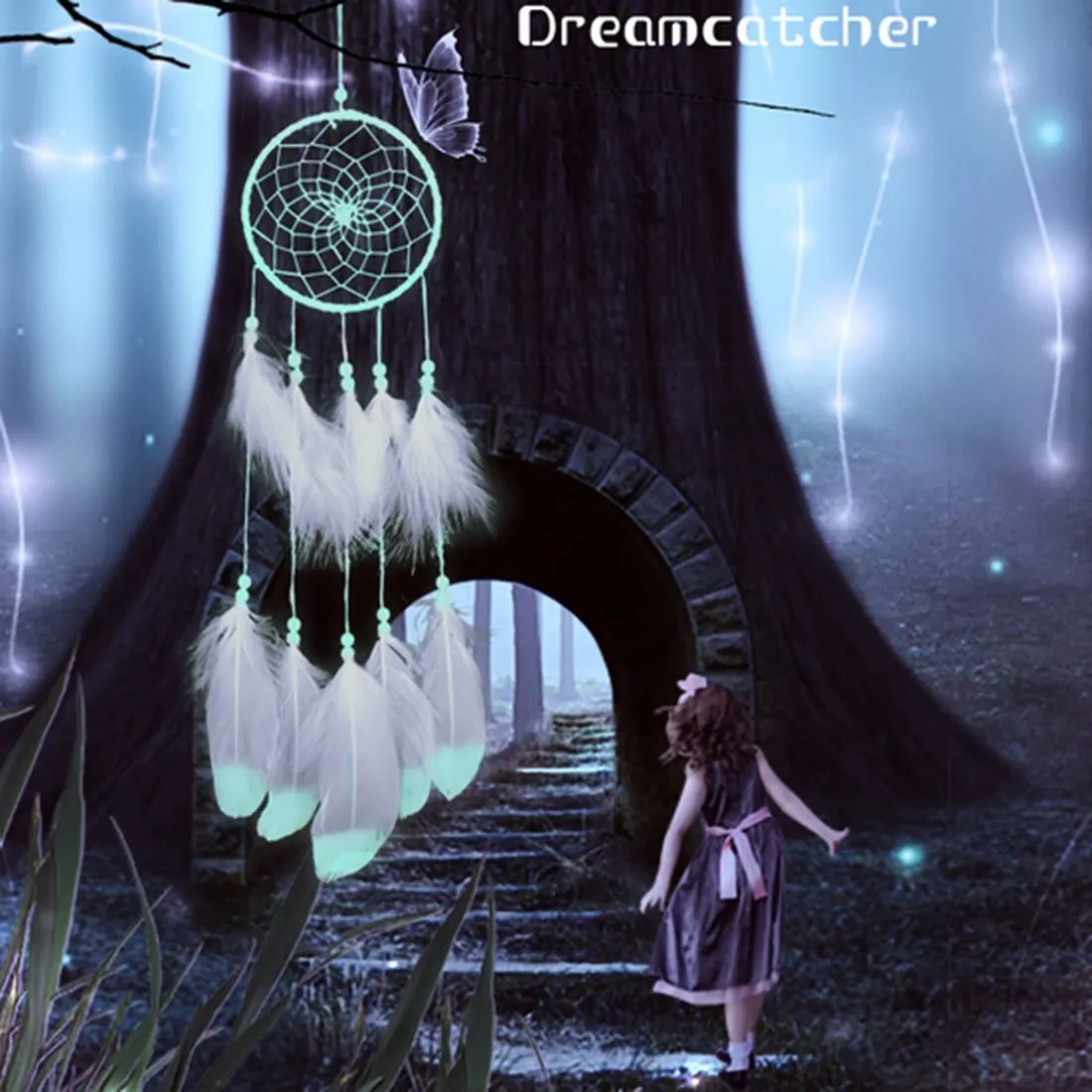 Little Chair Glow In The Dark Handmade Feather Beads Dream Catcher Circular Net Home Room Wall Hanging Decor Party Wedding Ornament (Feather+Beads)