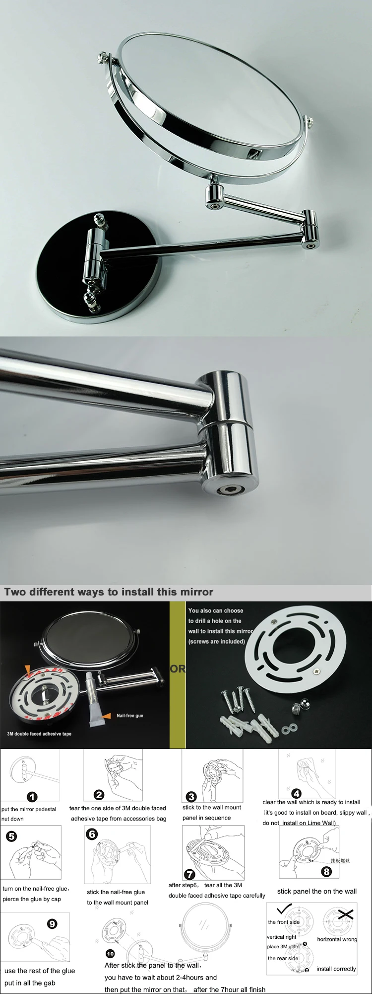 Retractable Arm Fold Away Fogless Shaving Mirror For Shower