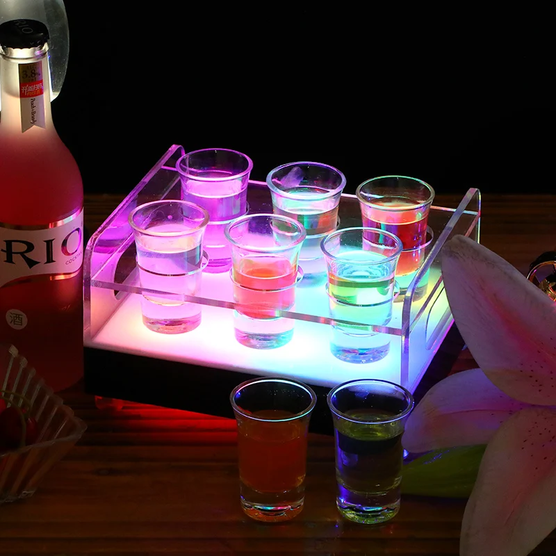 Vip Shot Display Led Colorful Rechargeable Acrylic Lighted Service Tray - 12 Glasses