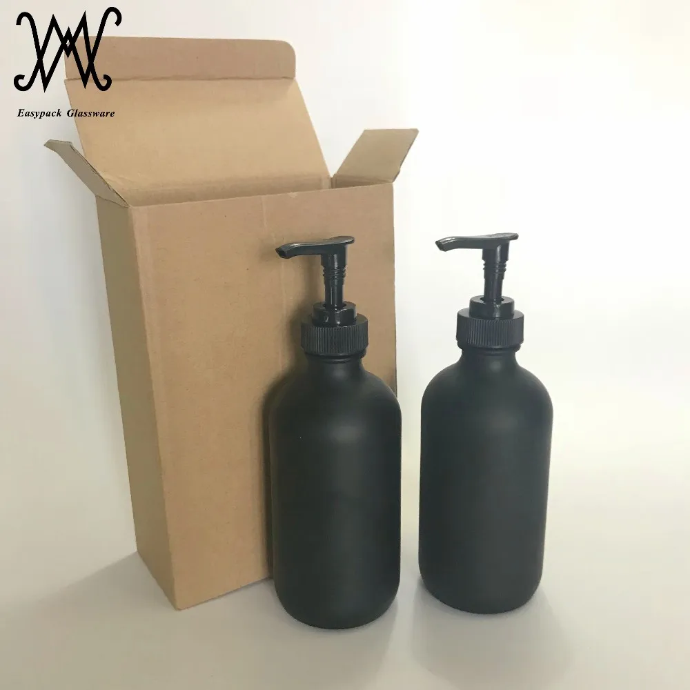 16oz Matte Black Coated Glass Boston Round Bottles With Plastic Lotion Soap Shampoo Pump 8225