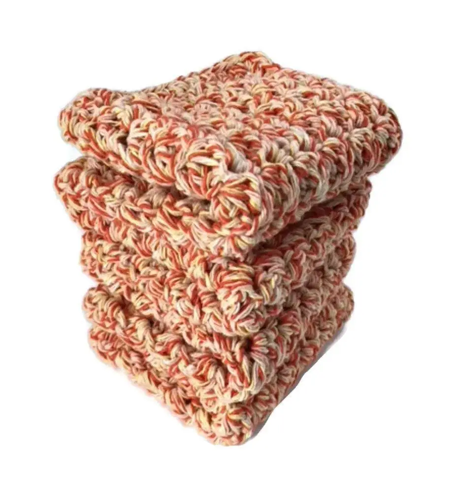 Handmade Cotton Kitchen Dish Cloths Orange White Yellow Set of 4 Eco Friendly Wash Cloths Crochet Dishcloths