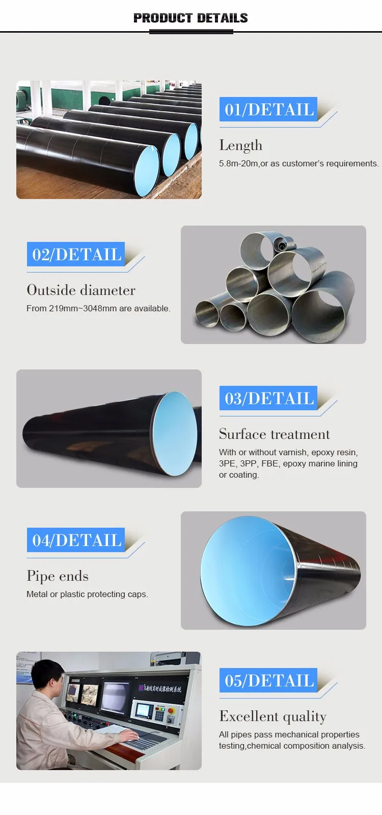 Factory direct sale SCH10-SCH160 ssaw welded spiral pipe