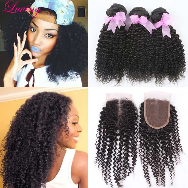7A Mongolian kinky curly Virgin hair with Lace closure 3 Bundles human hair weave with closure