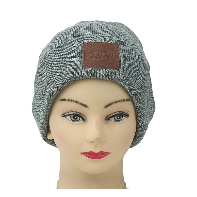 Custom Leather Patch Knitted Cap Slouchy Merino Wool Beanie Hat Buy