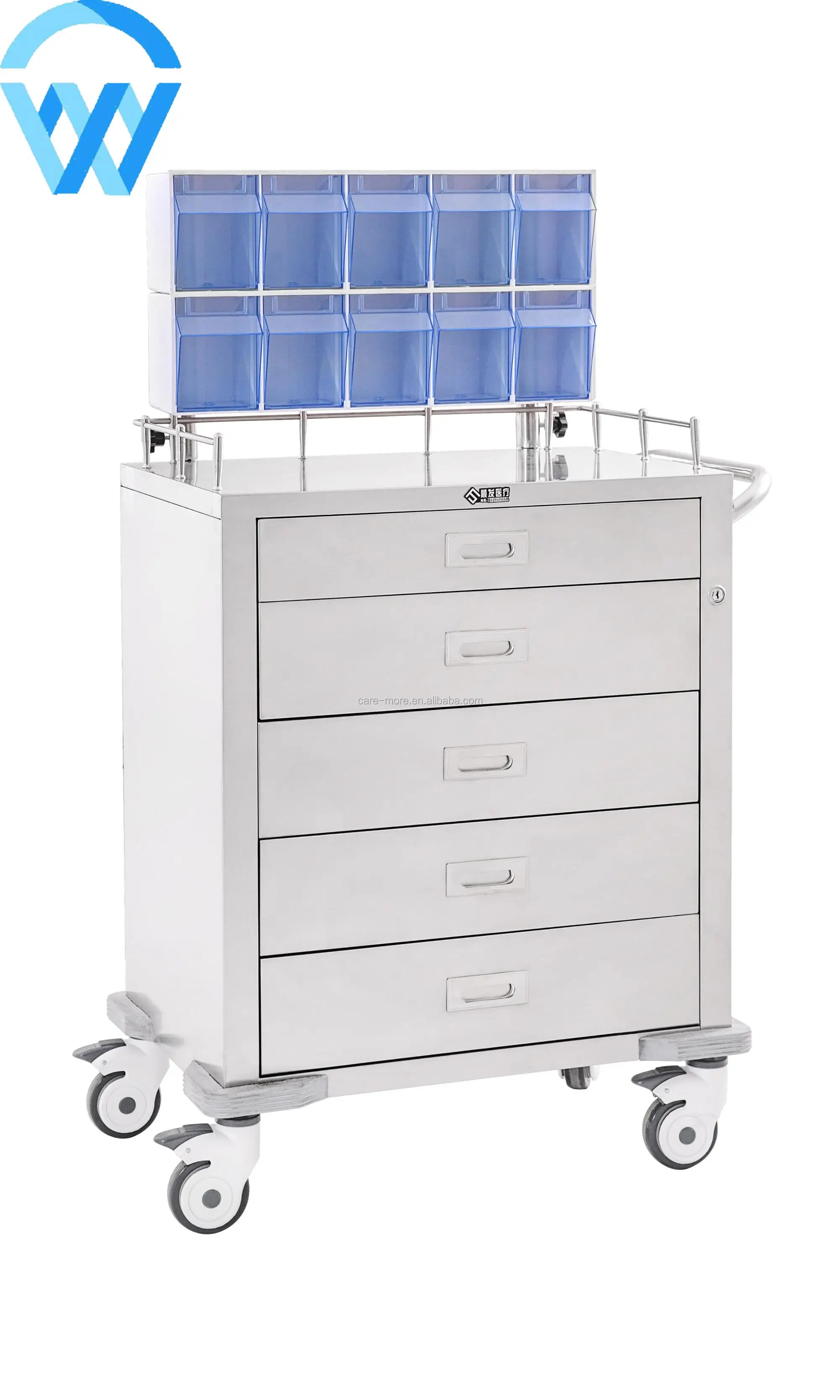 2018 Hot Selling Hospital Use Stainless Steel Medical Cart Nuring Anesthesia Trolley with Five Drawers