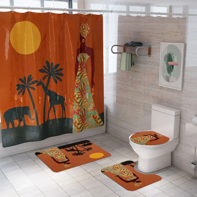 African Women Printing Toilet Pad Cover Bath Mat Shower Curtain Set Four-Piece Set