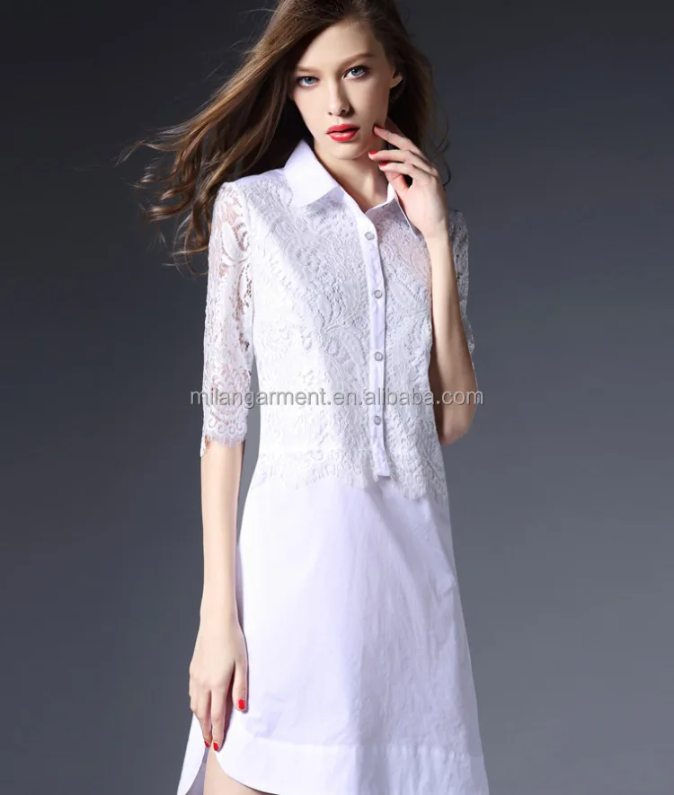 OEM/ODM Low MOQ  fashion women scallop lace half sleeves summer sexy office lady white shirt dress