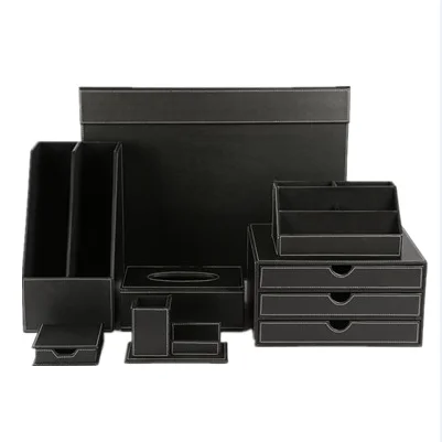 Office Product Black Leather Desk Organizer Storage Boxes Leather Desk ...