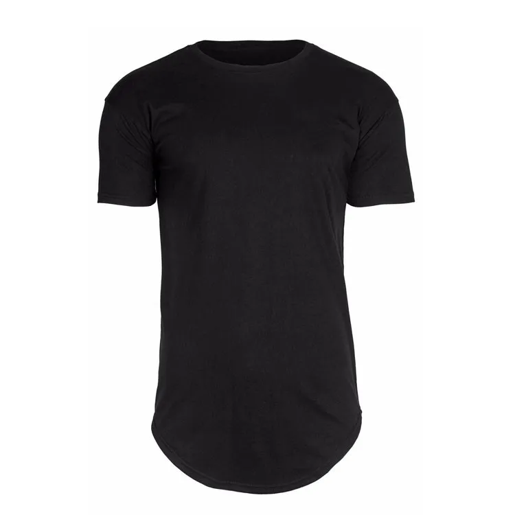Custom Black Crew Neck Cotton Round Bottom Hem Scallop T Shirt Long