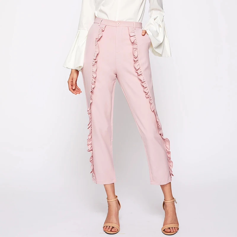 Frilled Women's Tailored Fitted Pants High Waist Pink Cropped Trousers ...