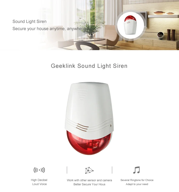 Geeklink wireless burglar alarm system motion sensors ambulance siren with light flashing Sound and Light Siren