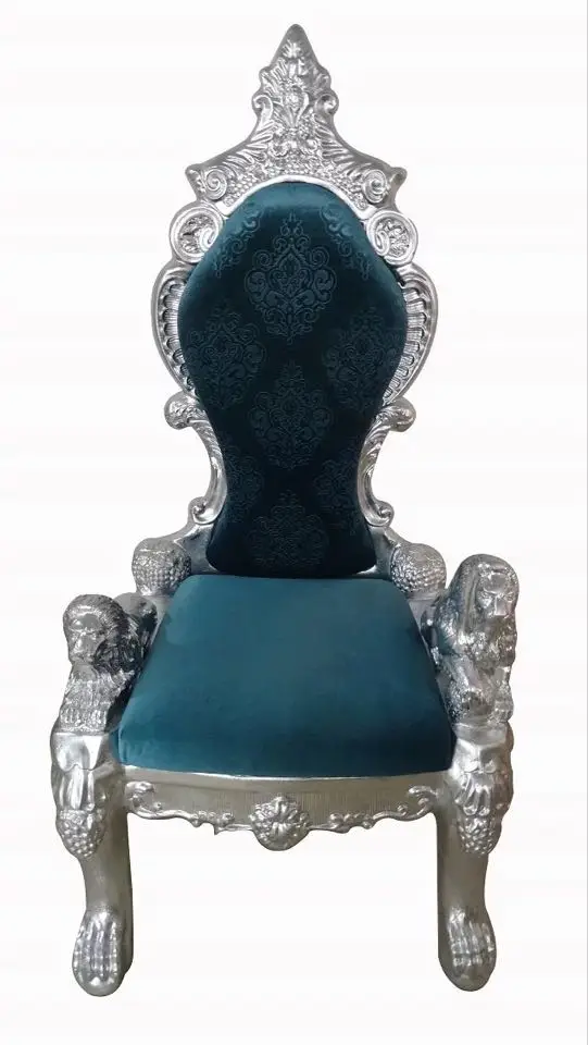 Carved Mahogany King Lion Gothic Throne Chair Silver Finish Blue