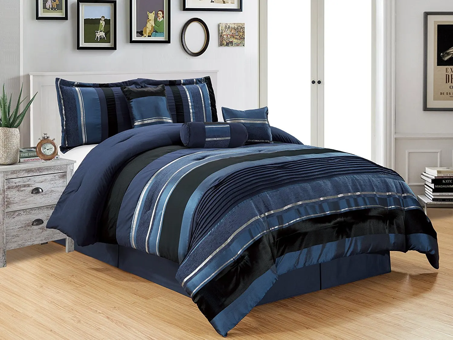 Navy Queen Comforter Find Deals On Line Get Quotations 7 Piece Navy Blue Black Silver Stripe Chenille Comforter Set 94 X 90