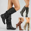 Women factory wholesale Lady pu leather knee boots buckle shoes Solid pleated high boots