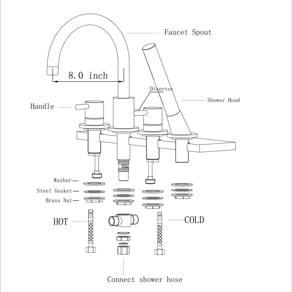 4 Hole Shower Hose Bath Tub Faucet Deck Mounted Filler With Hand Shower ...