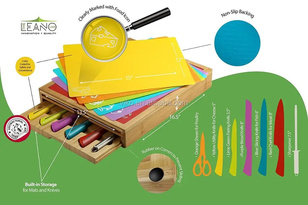 16 Piece Allinone Large Bamboo Cutting Board With Color Coded