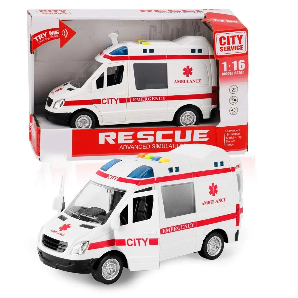 Large Friction Powered Rescue Ambulance 1:16 Toy Emergency Vehicle W ...