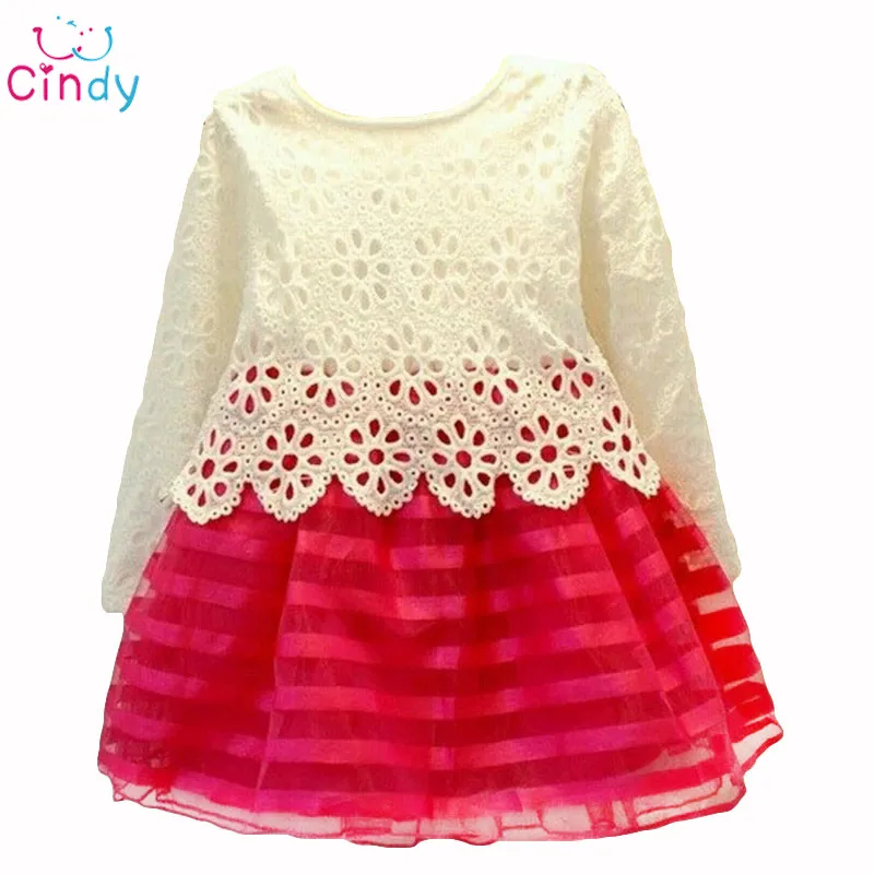 2015 Summer Girl Dress Children Clothing Set for Spring Long Sleeve Party Striped White Pink Princess