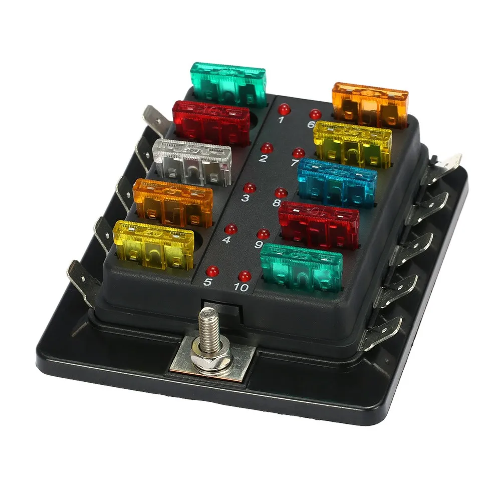 10 Way Blade Fuse Box Holder With Led Warning Light Kit For Car Boat Marine  Trike