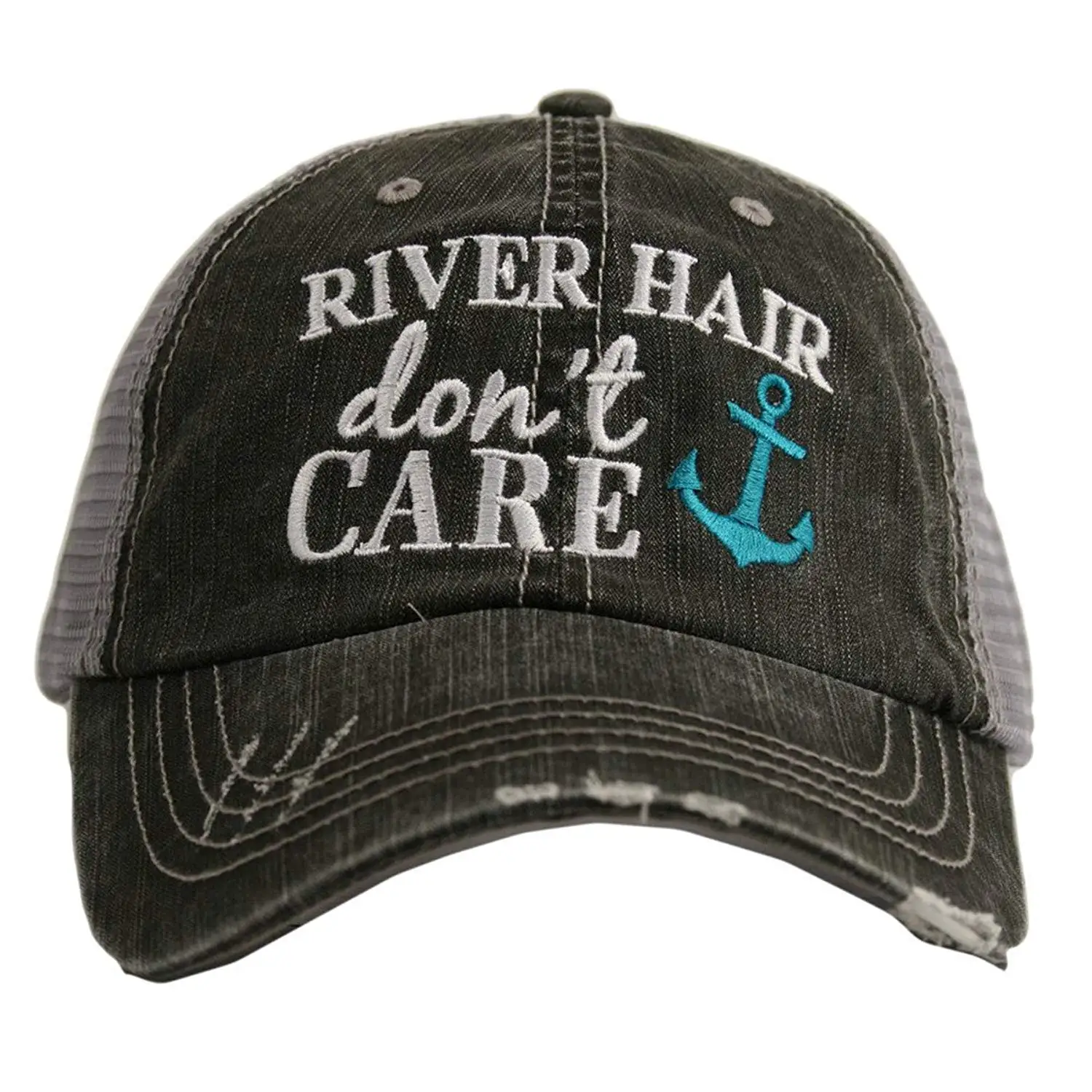 Katydid River Hair Don't Care Women's Distressed Grey Trucker Hat