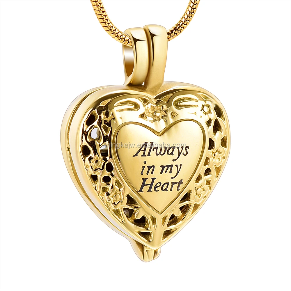 Ijd10060 Always In My Heart Gold Color Memorial Urn Necklace Hold Mini Tube Men Women Cremation
