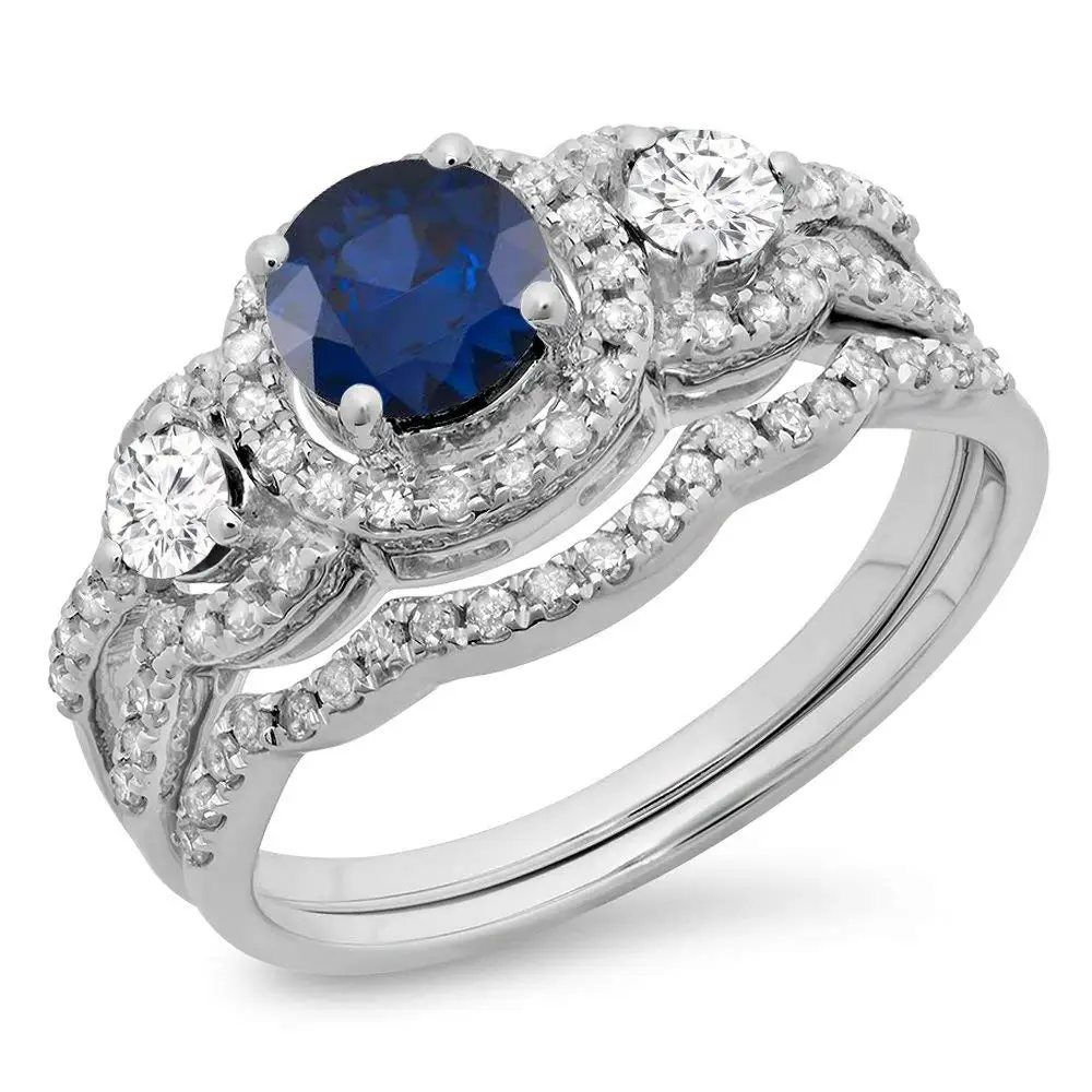 Dazzlingrock Collection 14K White Gold Blue Sapphire & White Diamond Ladies 3 Stone Halo Bridal Engagement Ring Set (Size 8)