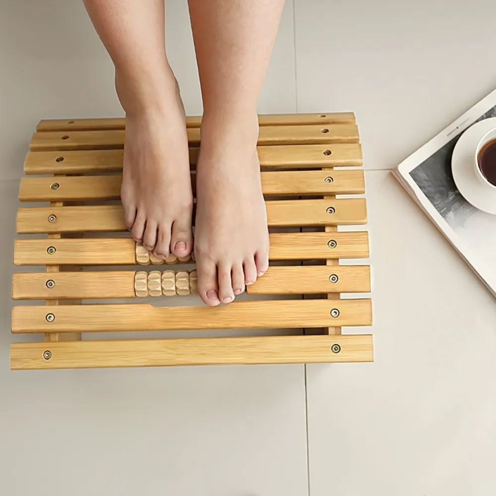 Bamboo Footrest Foot Stool Under Desk Footrest with Massager Rollers for Of...